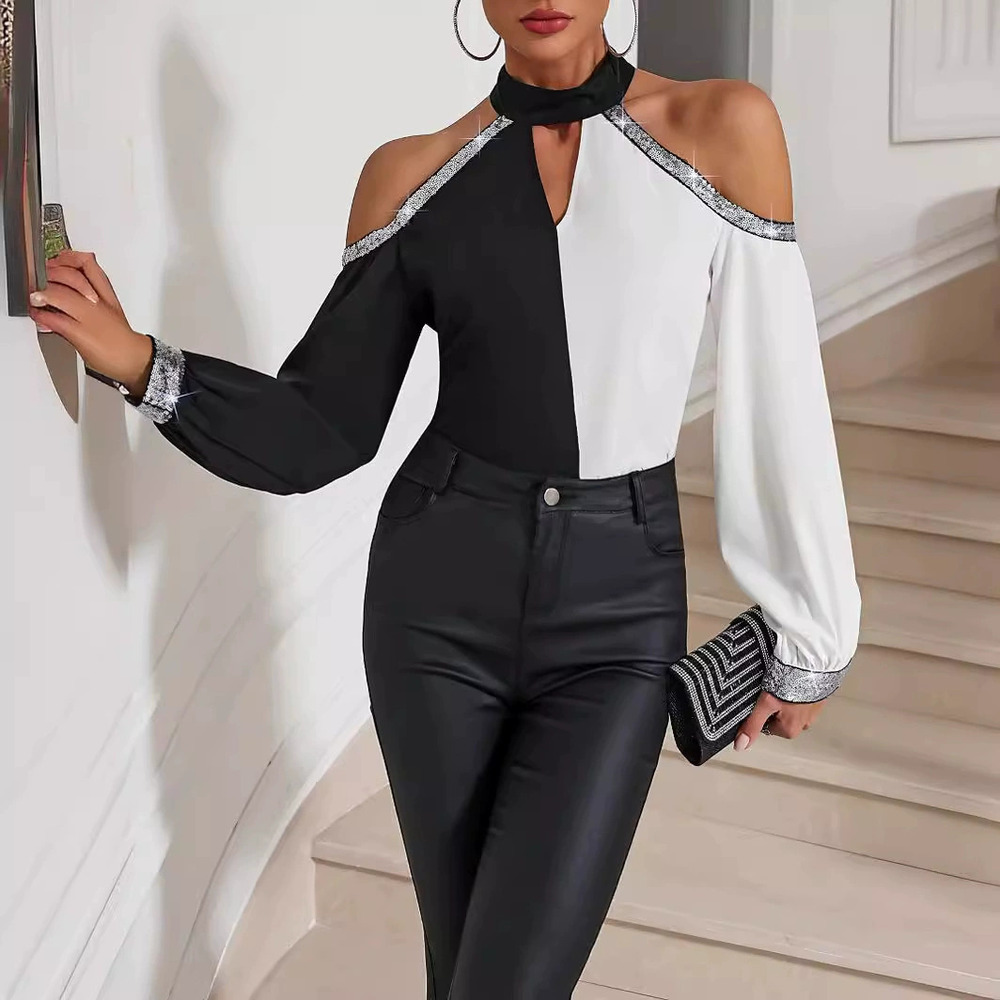 H&M Spring Autumn Fashion Casual Off Shoulder Color Block Long Sleeve Shirt